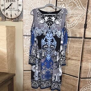 INC International Concepts Blue, Black & White Cold-Shoulder Dress